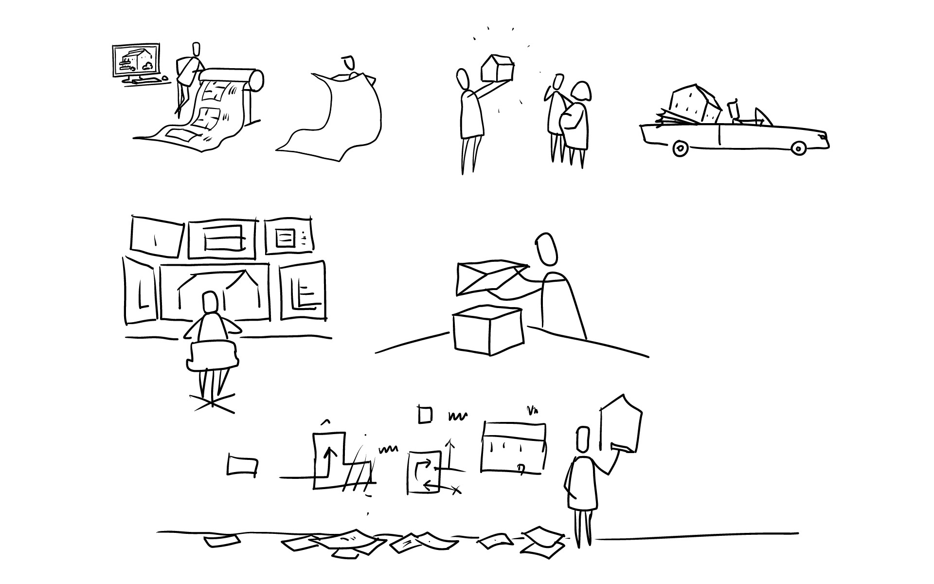 Lose Sammlung von Scribbles aus der Entwurfsphase